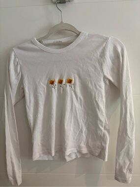 Brandy Melville White Long-Sleeve Tee with Yellow Floral Embroidery